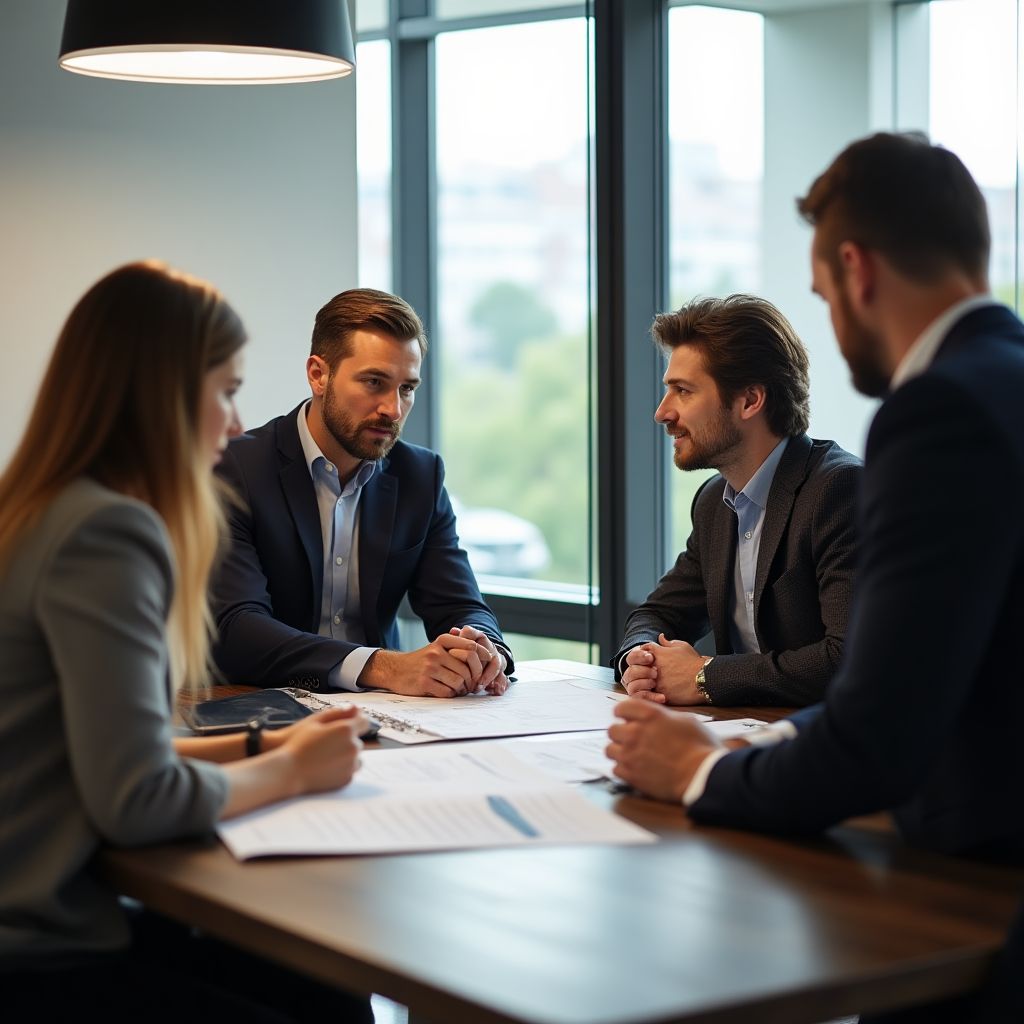 Consultores financieros reunidos con clientes